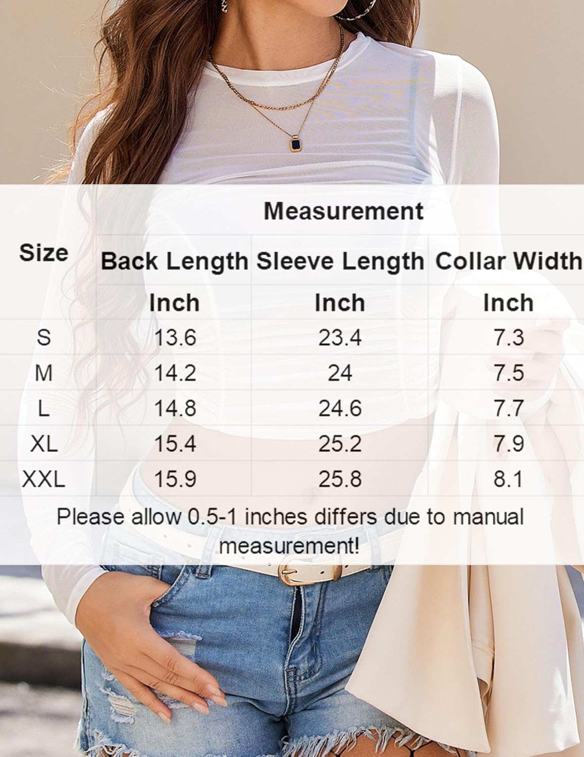 White ruched sheer crop top size chart, Y2K style by Avidlove, featuring model in denim shorts