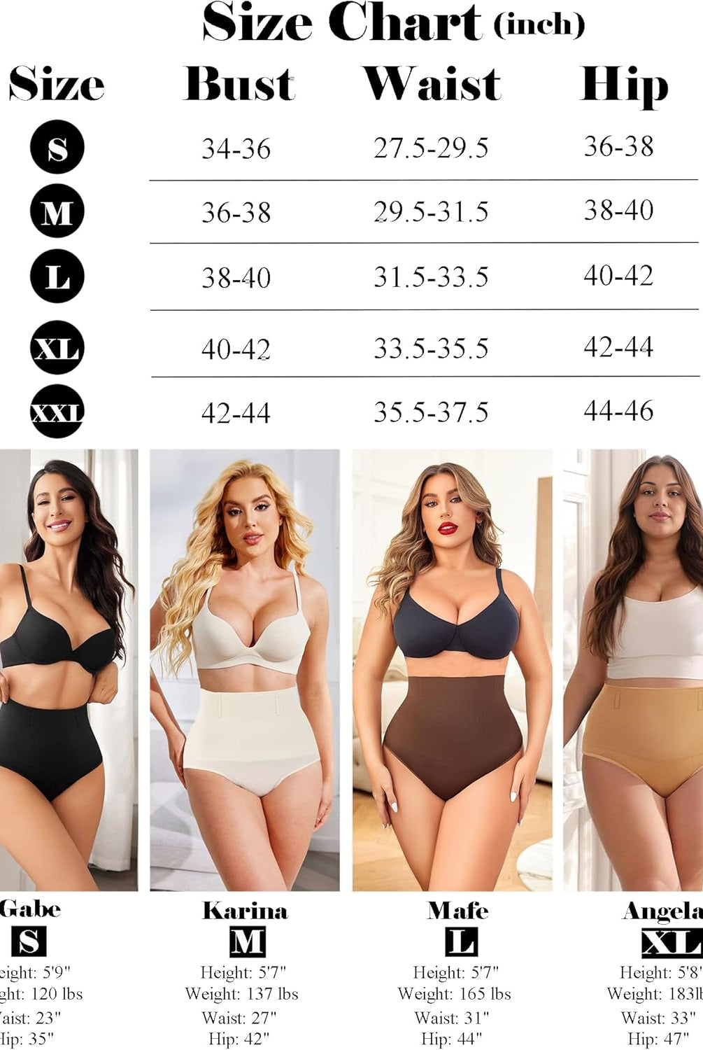 Tummy control thong shapewear size chart with bust, waist, hip measurements, and model examples.