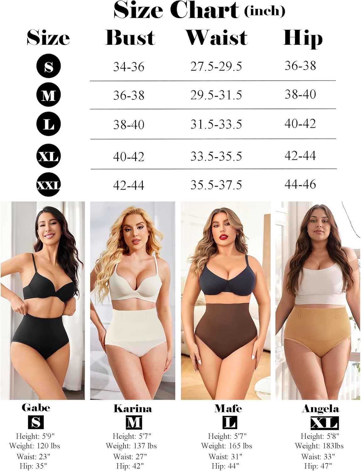 Tummy control thong shapewear size chart with bust, waist, hip measurements, and model examples.