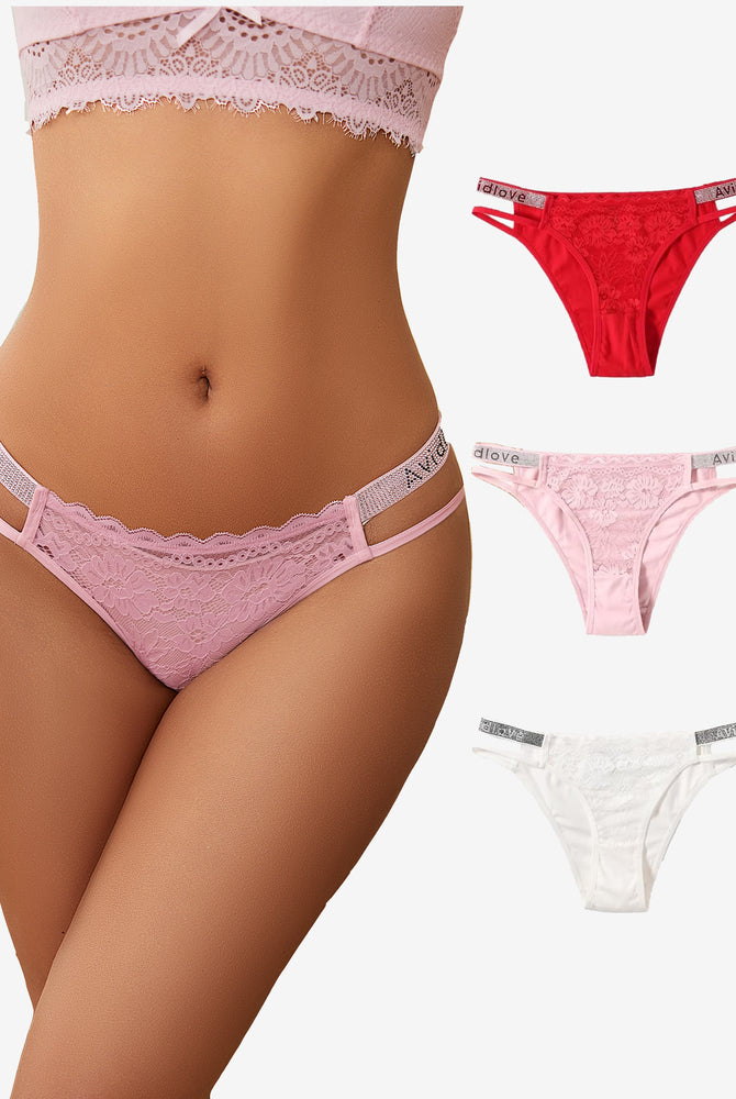 Avidlove floral lace hipster panties with rhinestone straps. Low-rise, available in multiple colors.