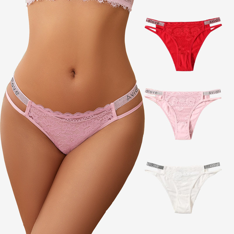 Avidlove floral lace hipster panties with rhinestone straps. Low-rise, available in multiple colors.