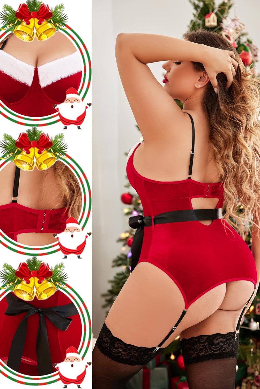 Plus size red velvet lingerie set with fur trim and black bow, holiday themed sleepwear