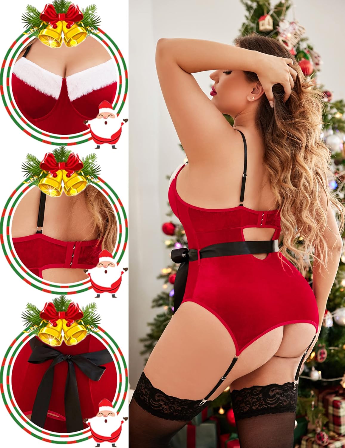 Plus size red velvet lingerie set with fur trim and black bow, holiday themed sleepwear