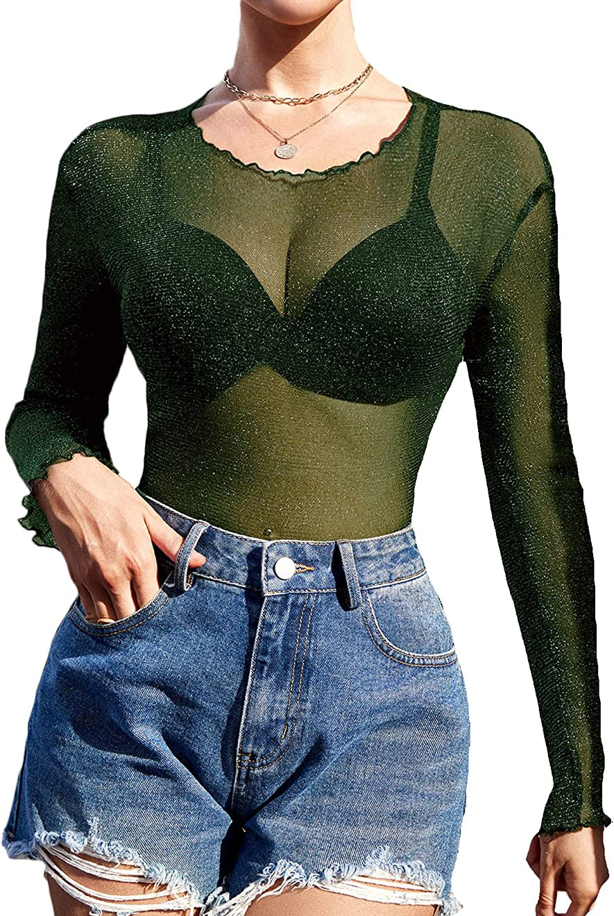 Green mesh long sleeve see through shirt and denim shorts. Stylish night out outfit.