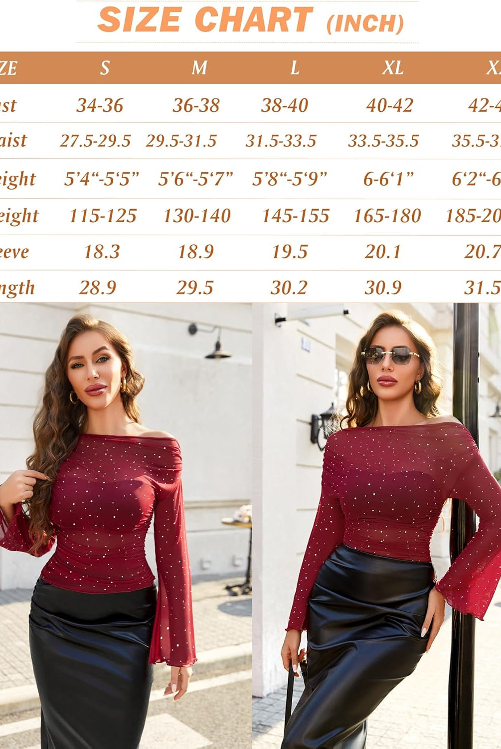 Burgundy mesh off-shoulder top with rhinestone accents and bell sleeves, size chart included.