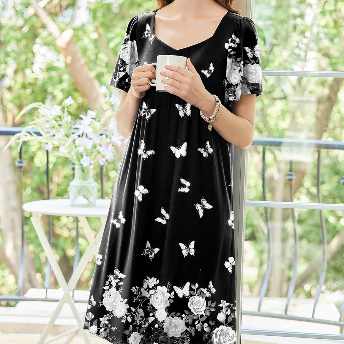 Women’s house dress, black with white butterfly and floral print, short sleeves