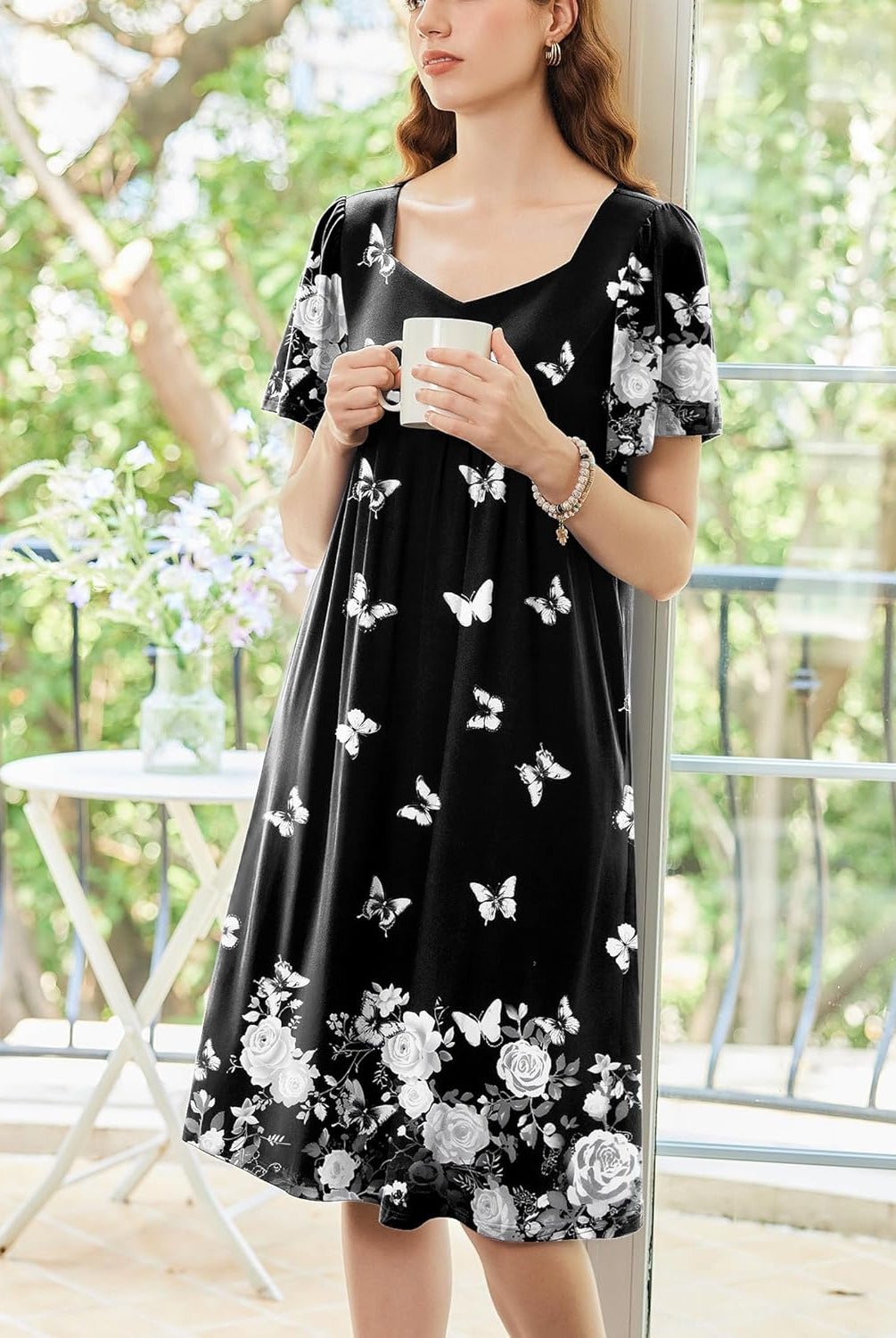 Women’s house dress, black with white butterfly and floral print, short sleeves