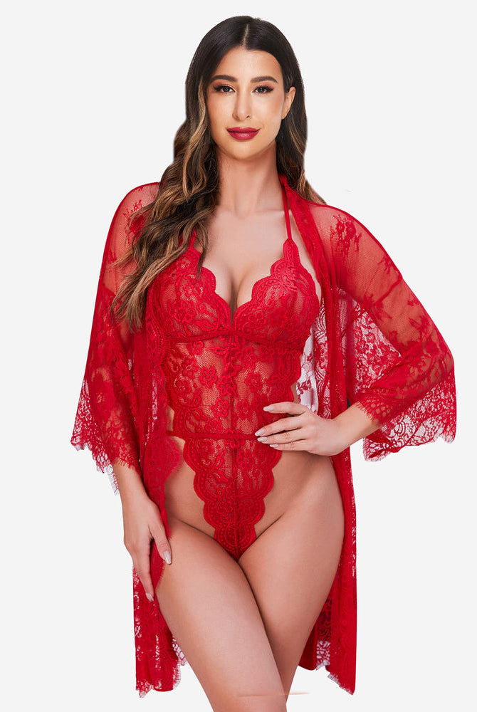 Red lace robe and teddy set by Avidlove, with butterfly sleeves and confident style, elegant design