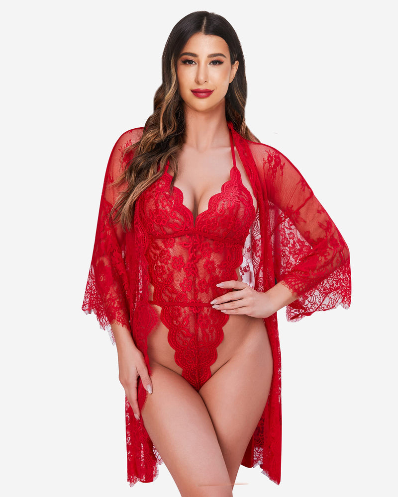 Red lace robe and teddy set by Avidlove, with butterfly sleeves and confident style, elegant design