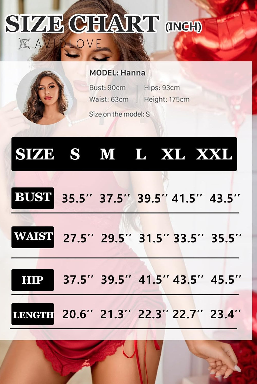 Ruched Modal Chemise size chart: bust, waist, hip, length measurements for sizes S-XXL.