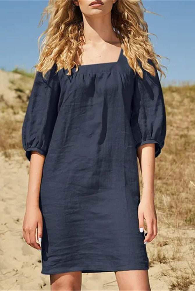 Navy blue square neck casual cotton dress with short sleeves, perfect for leisure and daily wear