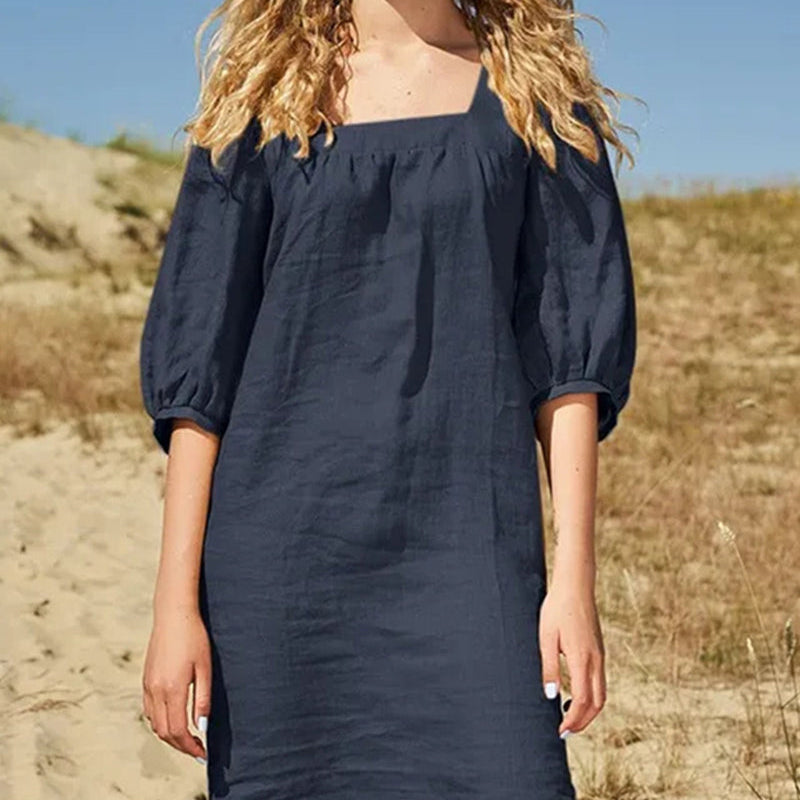 Navy blue square neck casual cotton dress with short sleeves, perfect for leisure and daily wear