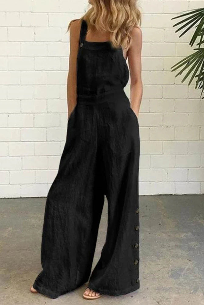Black wide leg bib pants romper, cotton linen blend, casual style with button details for women