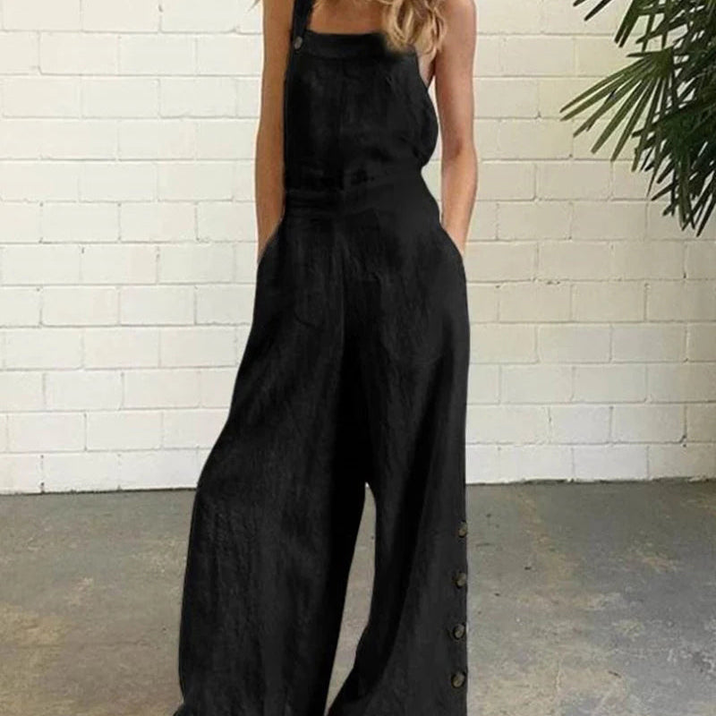 Black wide leg bib pants romper, cotton linen blend, casual style with button details for women