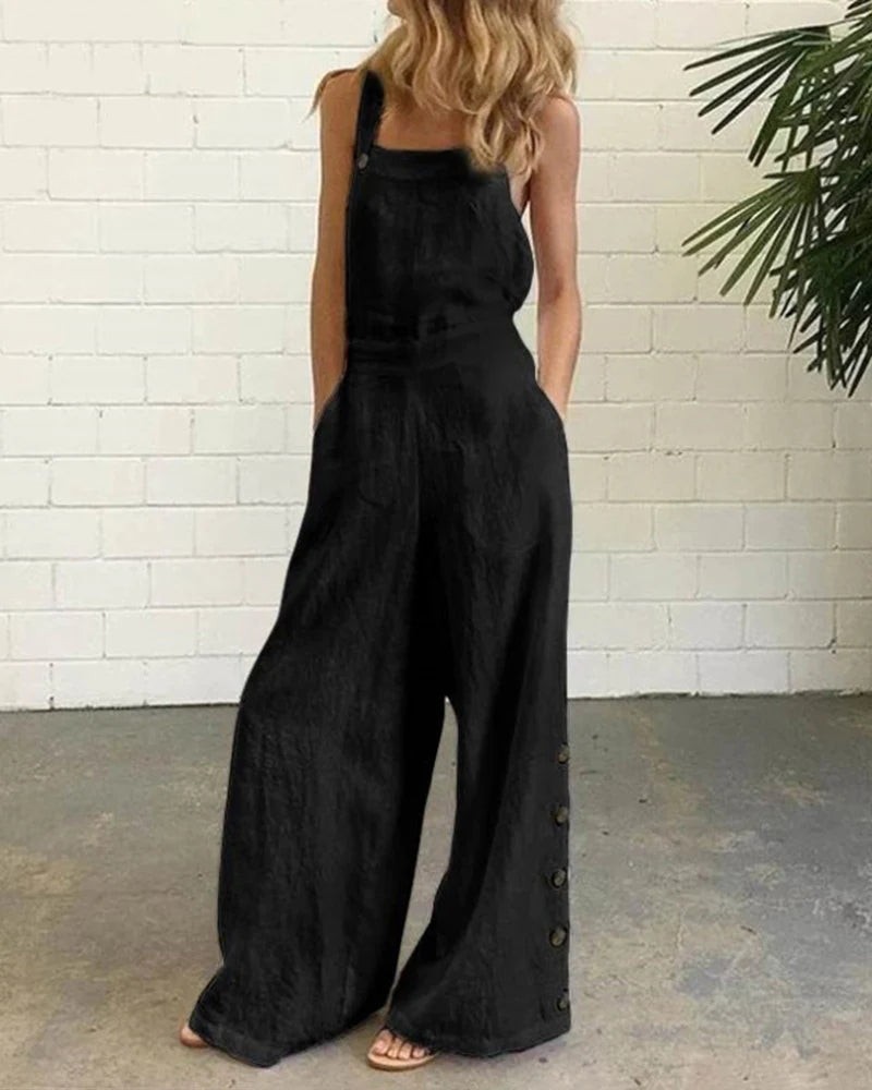 Black wide leg bib pants romper, cotton linen blend, casual style with button details for women