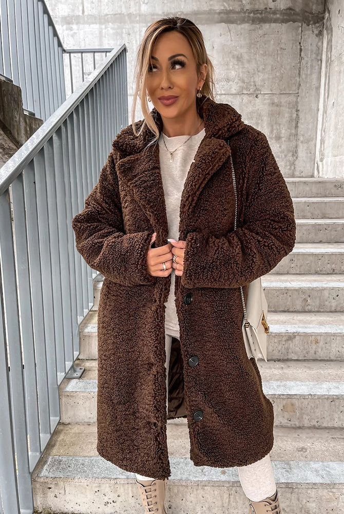 Brown Plush Faux Fur Coat, longline design, button closure, casual style.