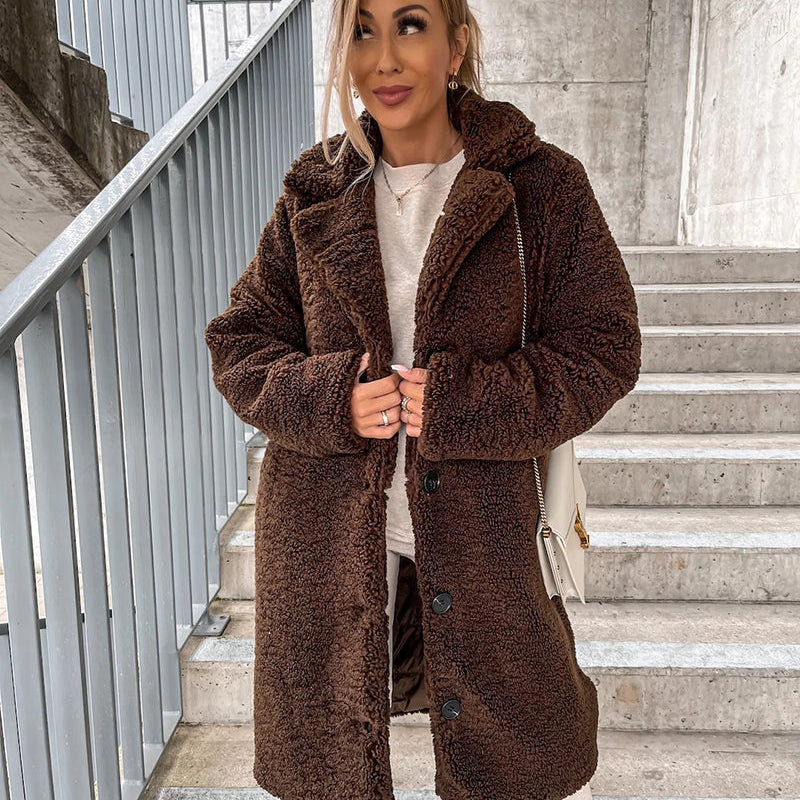 Brown Plush Faux Fur Coat, longline design, button closure, casual style.