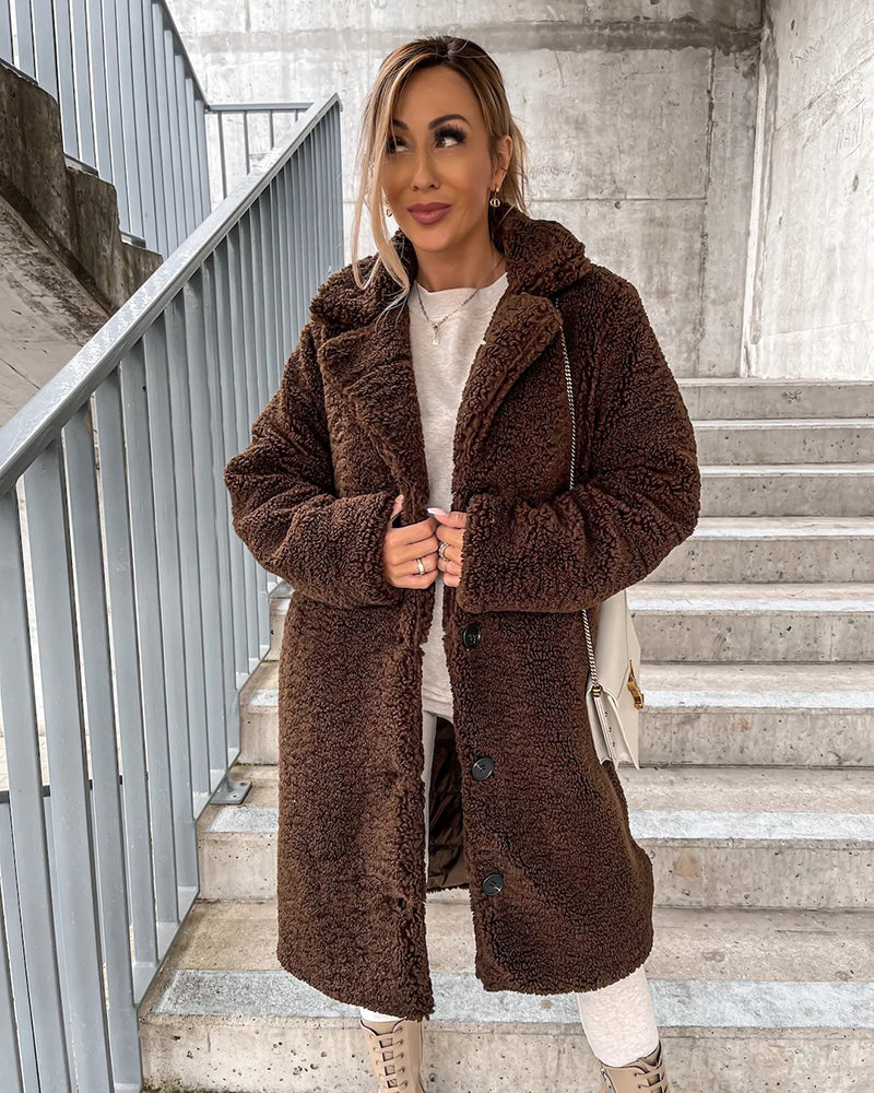 Brown Plush Faux Fur Coat, longline design, button closure, casual style.