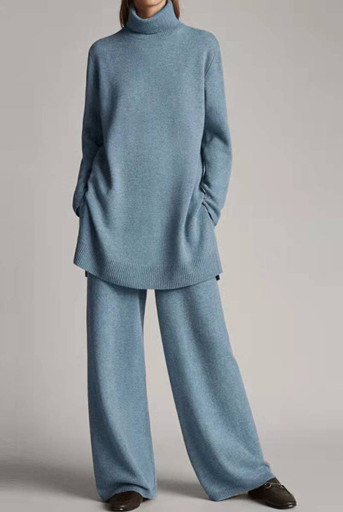 Light blue sweater top and wide leg pants set, casual style, perfect for leisure and daily wear.