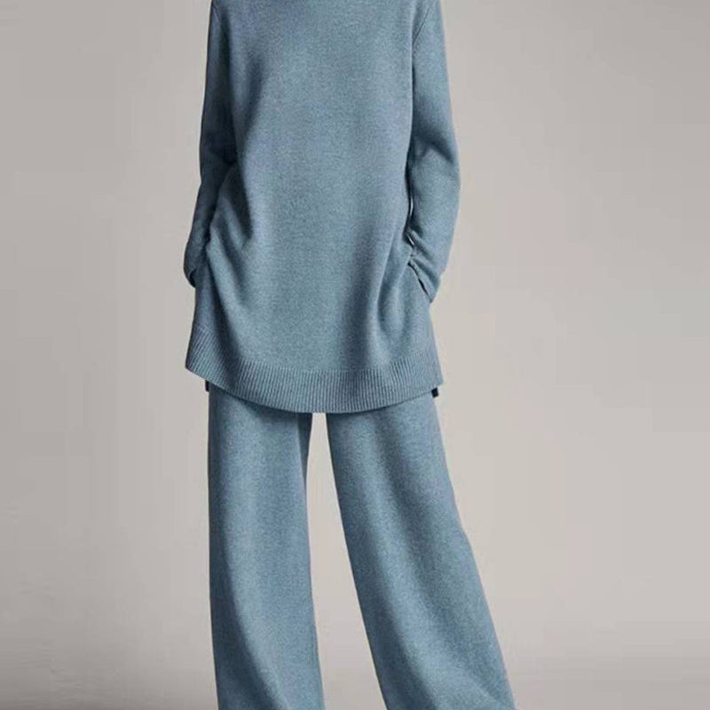 Light blue sweater top and wide leg pants set, casual style, perfect for leisure and daily wear.