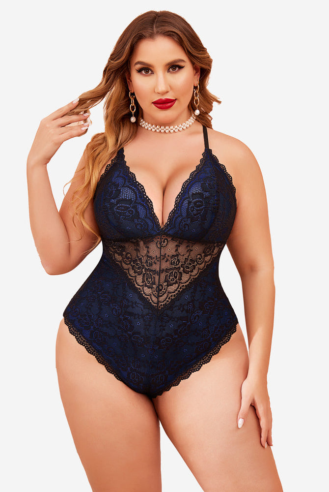 Navy floral lace snap crotch teddy lingerie, confident fit, plus-size model