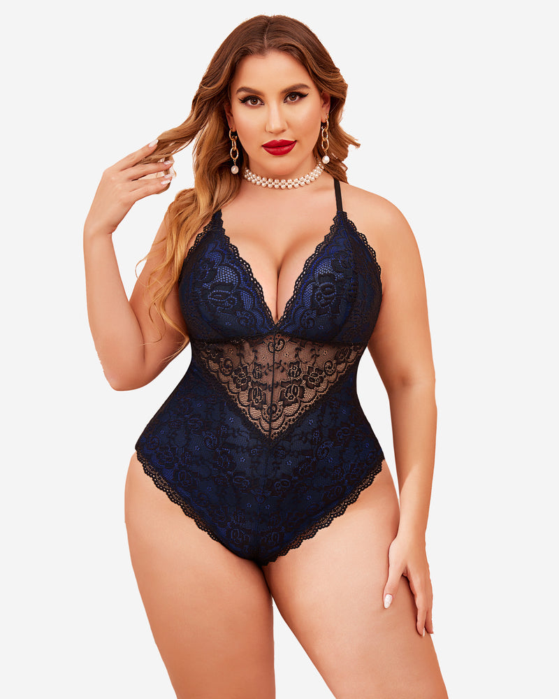 Navy floral lace snap crotch teddy lingerie, confident fit, plus-size model