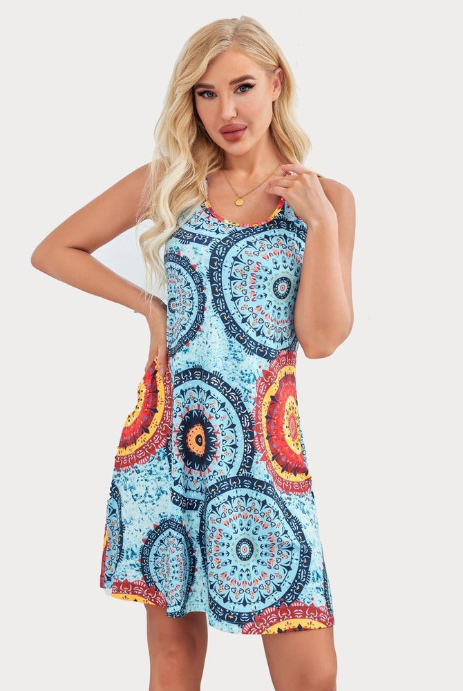 Blue mandala print sleep dress on a model. Soft modal nightie for comfortable sleepwear.