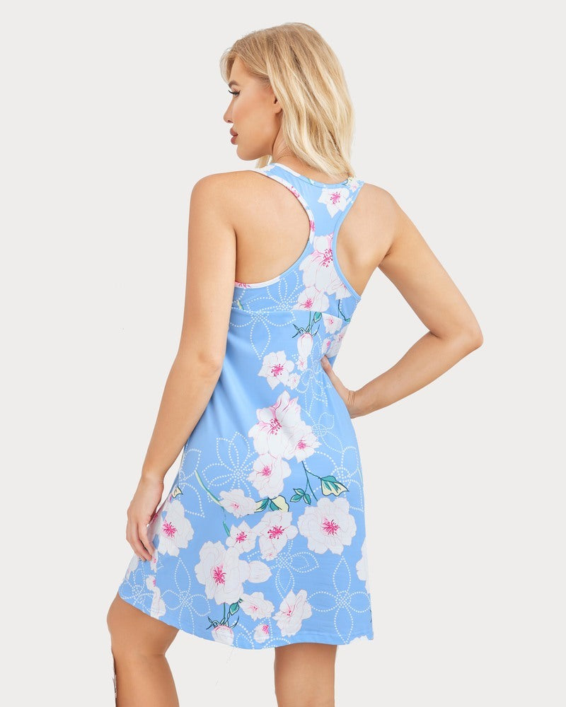 Blue floral print racerback sleep dress, soft modal nightie for comfortable sleep, women's sleepwear