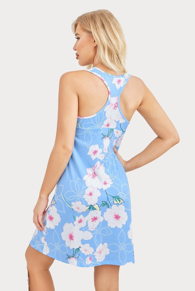 Blue floral racerback nightdress. Soft, comfortable modal nightie with flower print for women.