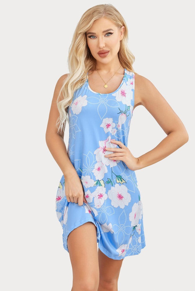 Blue floral racerback sleep dress, soft modal nightie, comfortable sleepwear