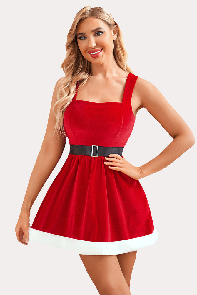 Red velvet Santa dress with belt, A-line skirt and white fur trim, Avidlove Christmas lingerie