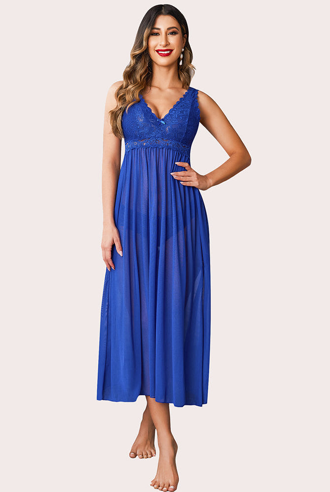 Royal blue V-neck lace mesh chemise babydoll nightwear for women. Elegant and sheer lingerie.