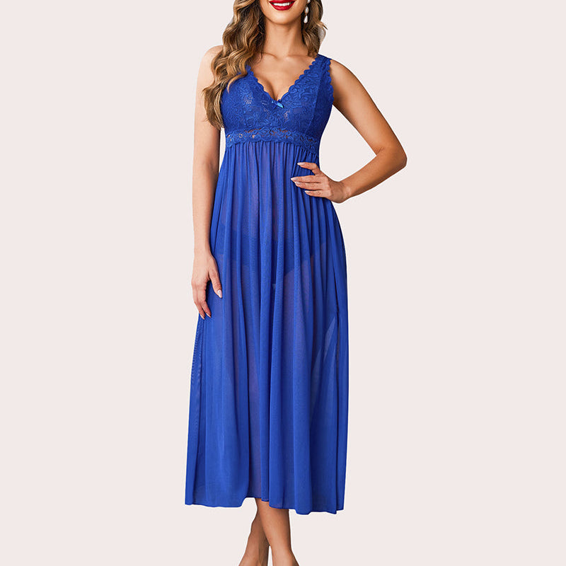 Royal blue V-neck lace mesh chemise babydoll nightwear for women. Elegant and sheer lingerie.