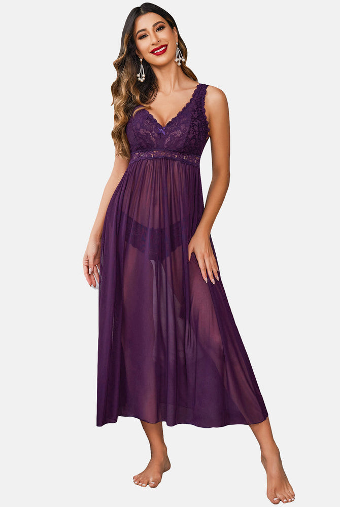Purple lace chemise, V-neck, lace details. Elegant, comfy nightwear for women.