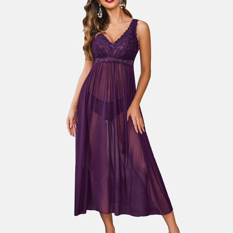Purple lace chemise, V-neck, lace details. Elegant, comfy nightwear for women.