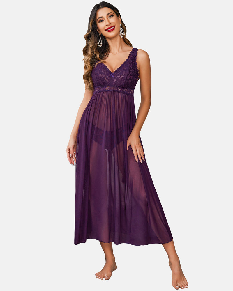Purple lace chemise, V-neck, lace details. Elegant, comfy nightwear for women.