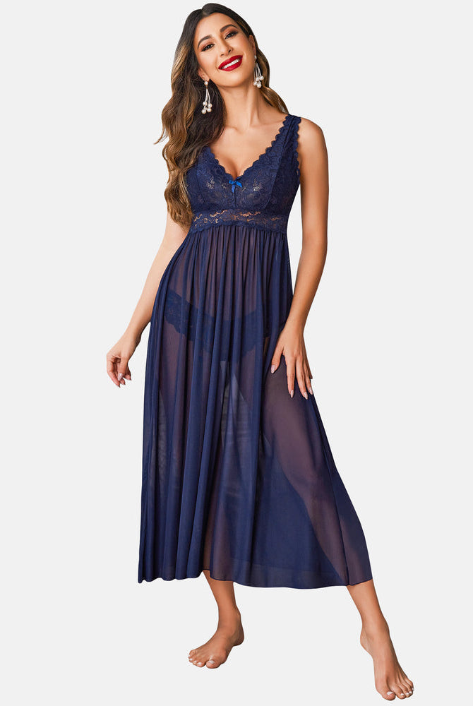 Navy blue lace mesh chemise sleepwear for women, elegant V-neck design, perfect nightwear