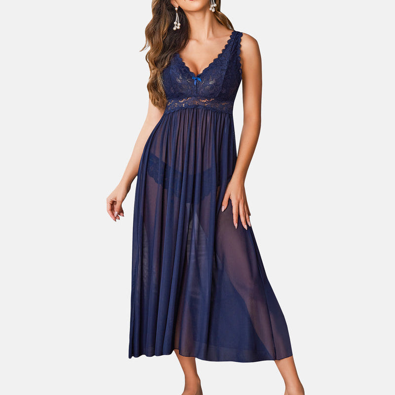 Navy blue lace mesh chemise sleepwear for women, elegant V-neck design, perfect nightwear