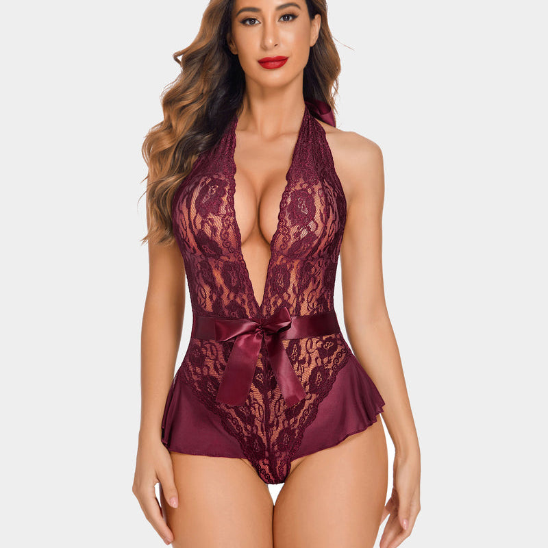 Burgundy lace halter bodysuit with deep V-neck, satin bow, and mesh trim. Sexy lingerie for women.