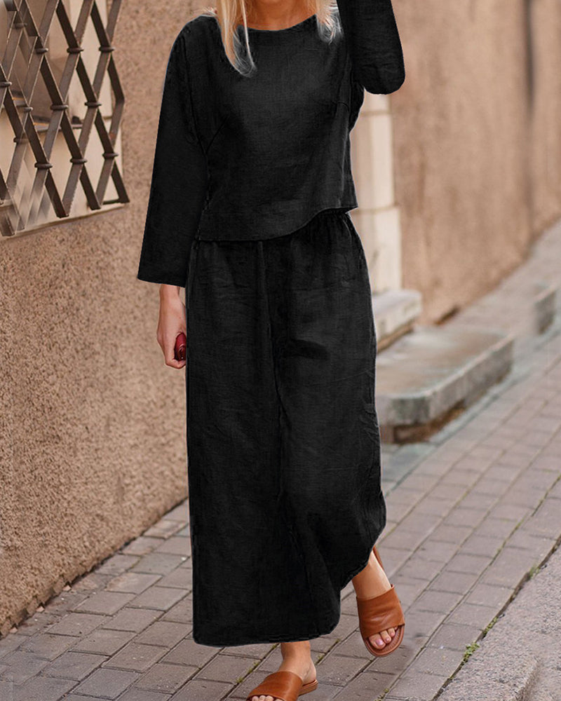 Black cotton linen two-piece set for women, long sleeve top and wide leg pants, casual outfit
