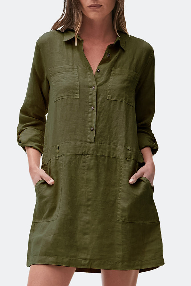 Olive green cotton linen midi dress with long sleeves and pockets, perfect for casual wear.