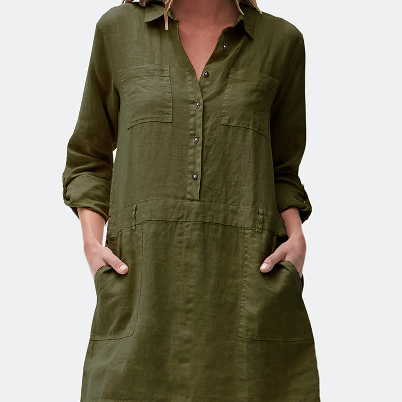 Olive green cotton linen midi dress with long sleeves and pockets, perfect for casual wear.