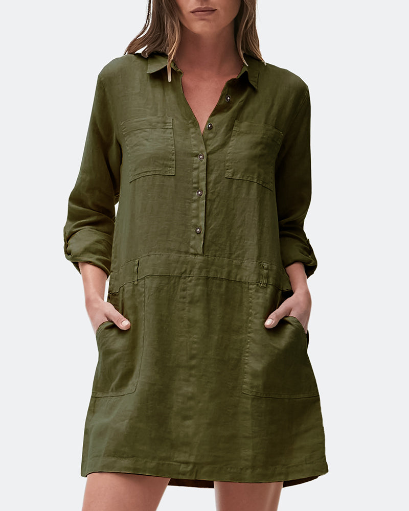 Olive green cotton linen midi dress with long sleeves and pockets, perfect for casual wear.