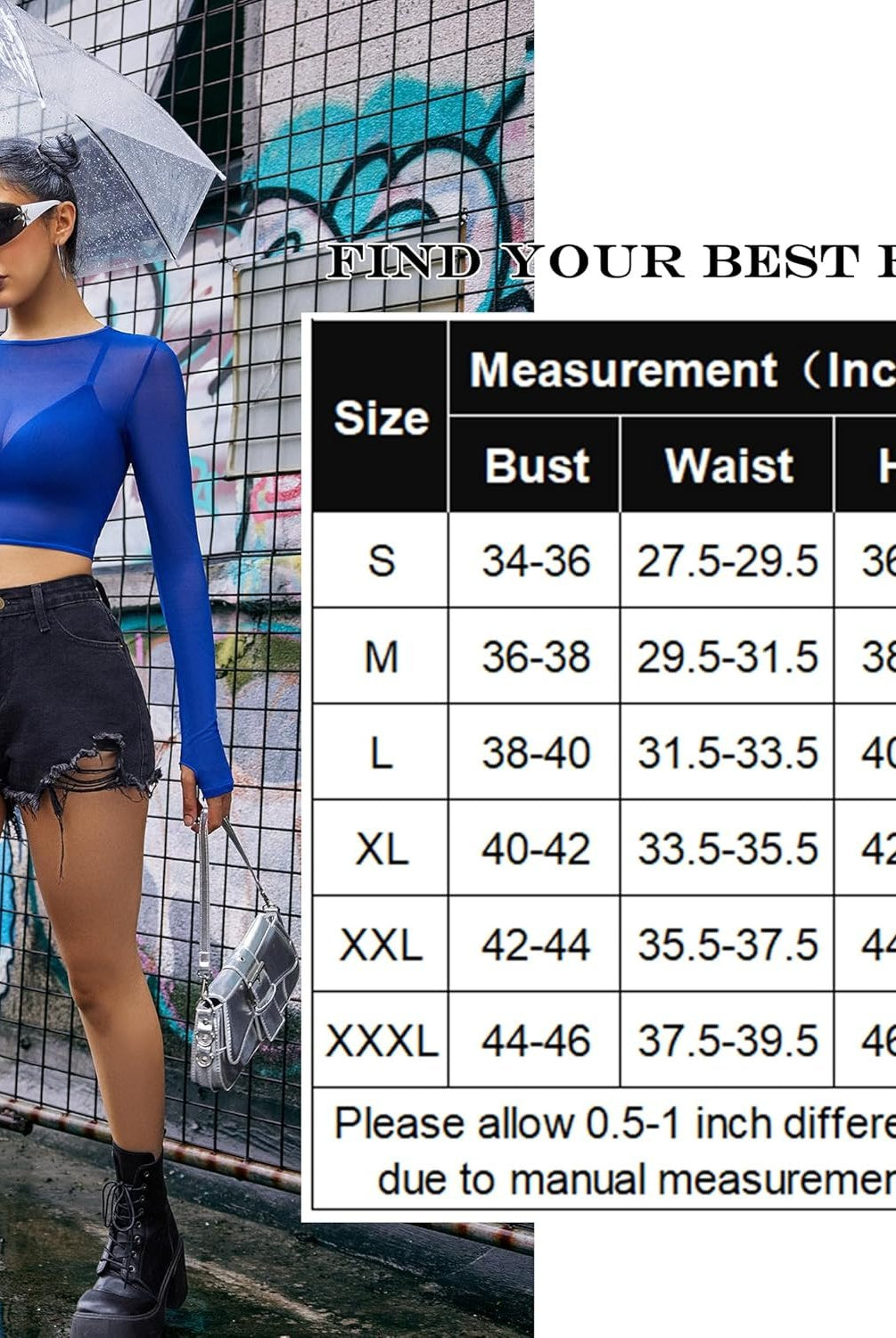 Blue mesh crop top bra and panty set with size chart. Find your best fit with Avidlove lingerie.
