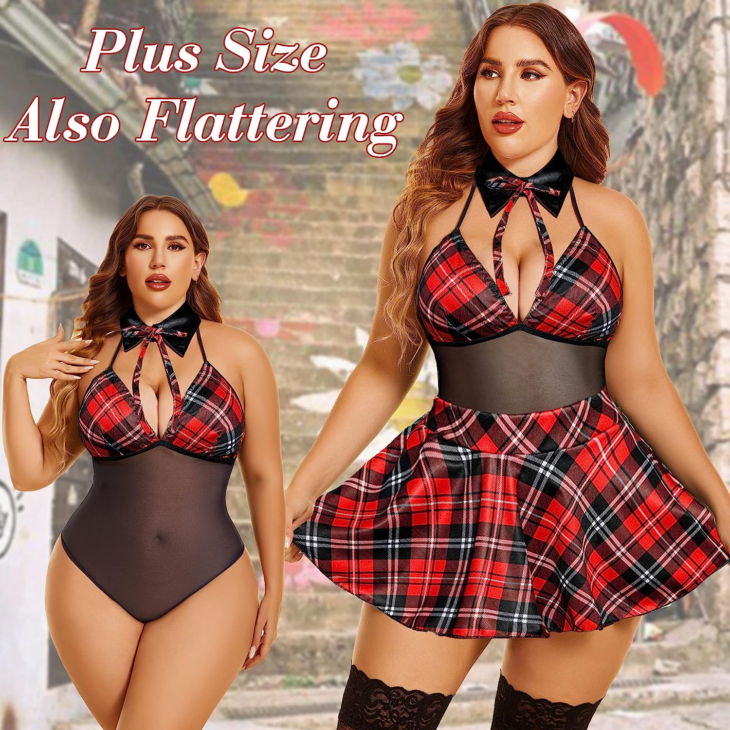 Plus size red plaid schoolgirl lingerie set with halter top and mini skirt. Cosplay costume.