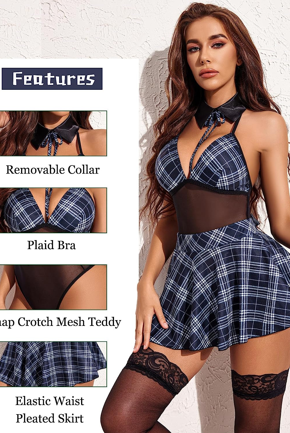 Blue plaid schoolgirl lingerie set with halter top, mini skirt, removable collar, and mesh teddy