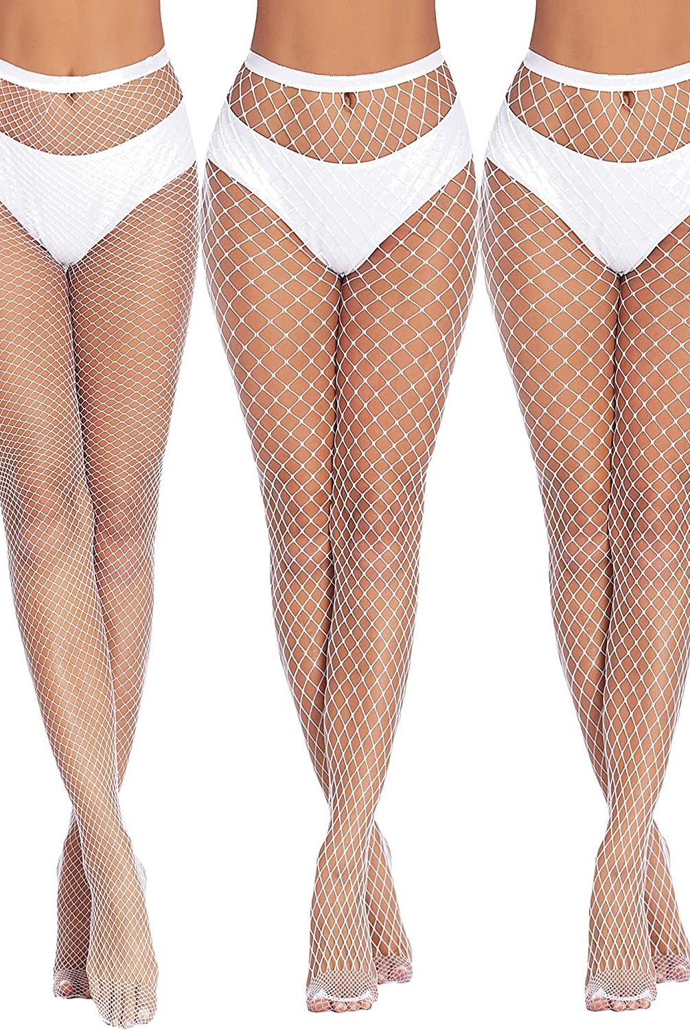 White diamond net fishnet stockings on models, confident and sexy, perfect for outfits.