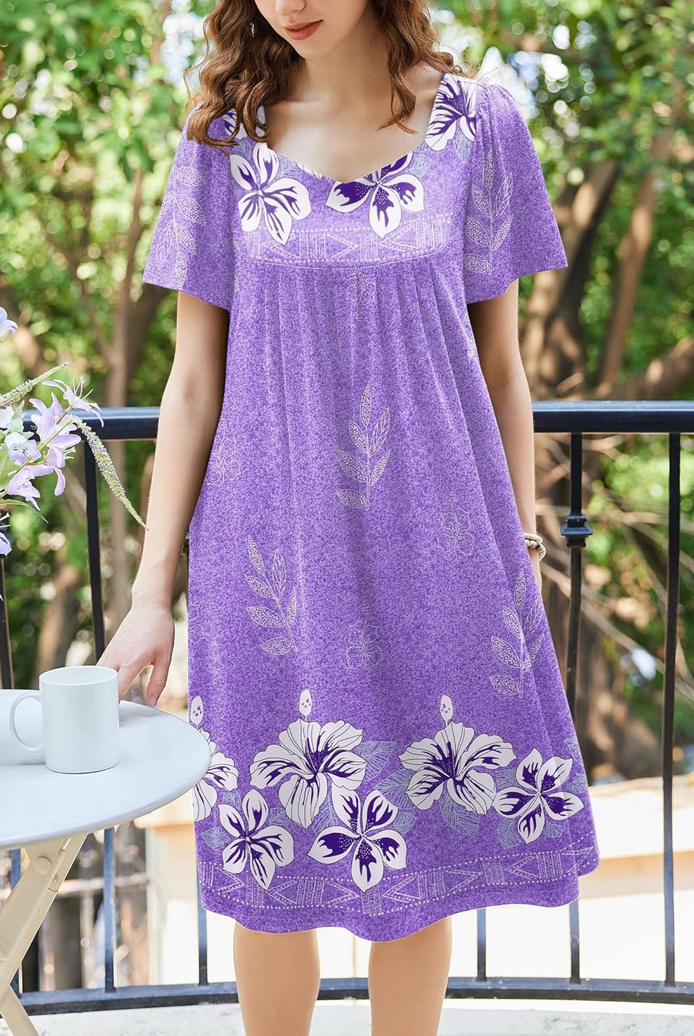 Purple floral pleated house dress with square neckline and short sleeves