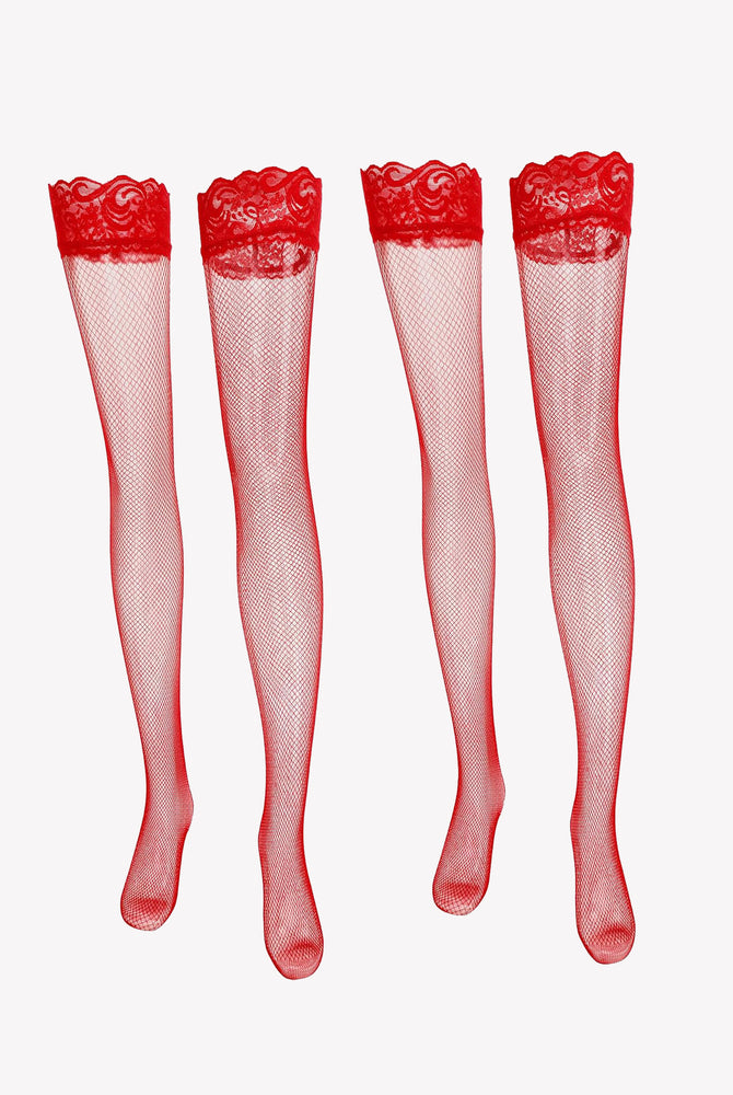 Red fishnet thigh-high stockings with lace trim for women, sheer and sexy lingerie