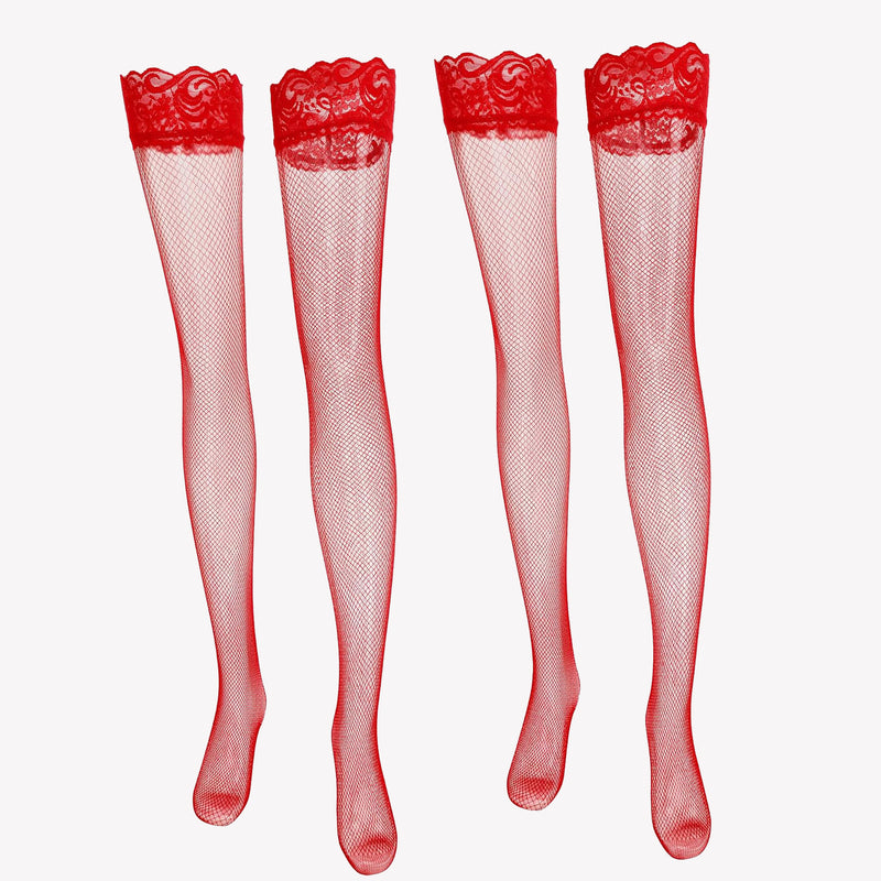 Red fishnet thigh-high stockings with lace trim for women, sheer and sexy lingerie